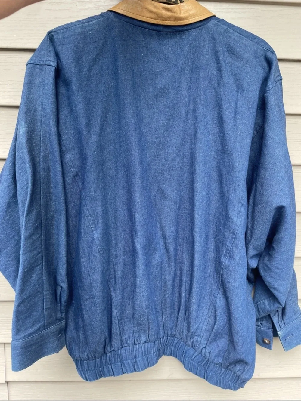 Karen Kane Blue Denim Bomber Jacket with Tan Leather Collar